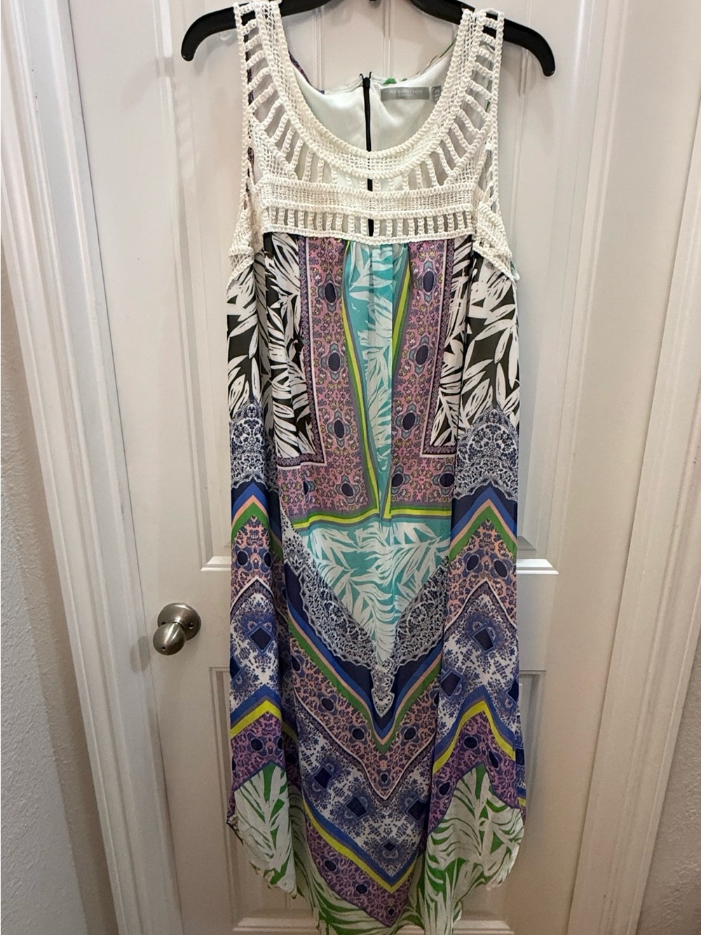 NY collection Crochet Yoke Printed Maxi Dress Multicolor Print 2x boho